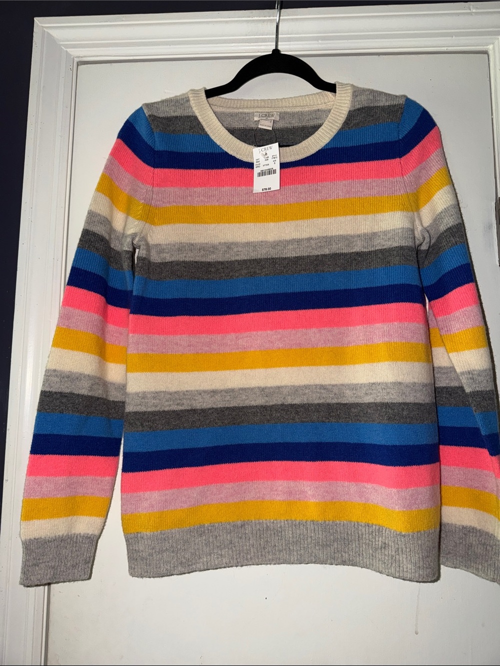 Striped Crewneck Women's Sweater in Pink, Blue & Yellow Lambs Wool Blend